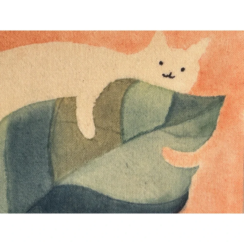 Lazy Cat Tropical Leaf Batik Wall Art, Handmade Cat Art Decor, Cat Lover Gift